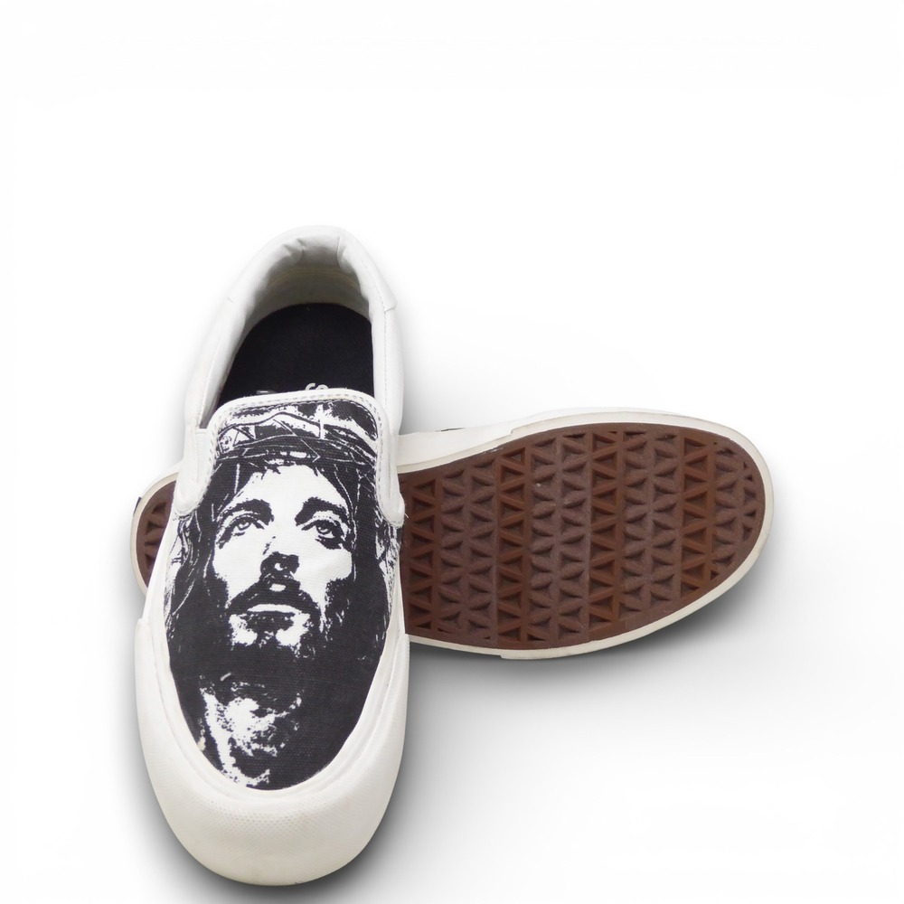 STRAYE Ventura Jesus Canvas Slip On Skate Shoes Mens 7.5 Womens 9 White Black